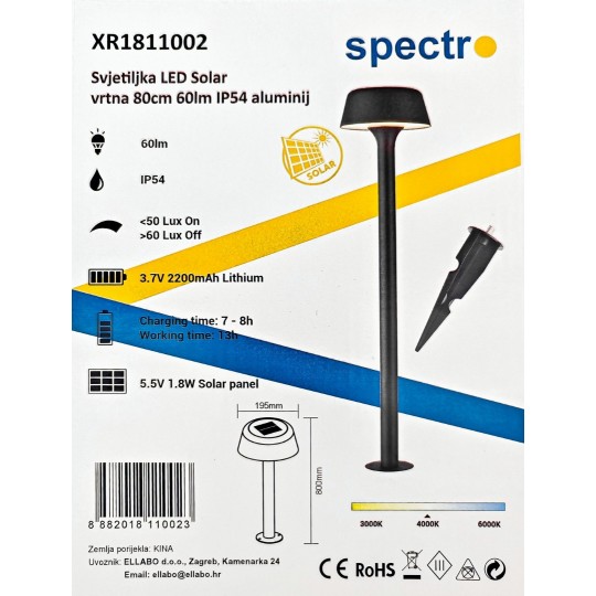 SVJETILJKA VANJSKA STUPIĆ - 800mm - SOLAR - 1W - 60lm - ANTRACIT - IP54 - SPECTRO