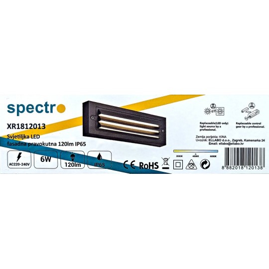 SVJETILJKA FASADNA - LED - PRAVOKUTNA - 255X90mm - 6W - 120lm - 4000K - IP65 - SIVA - SPECTRO
